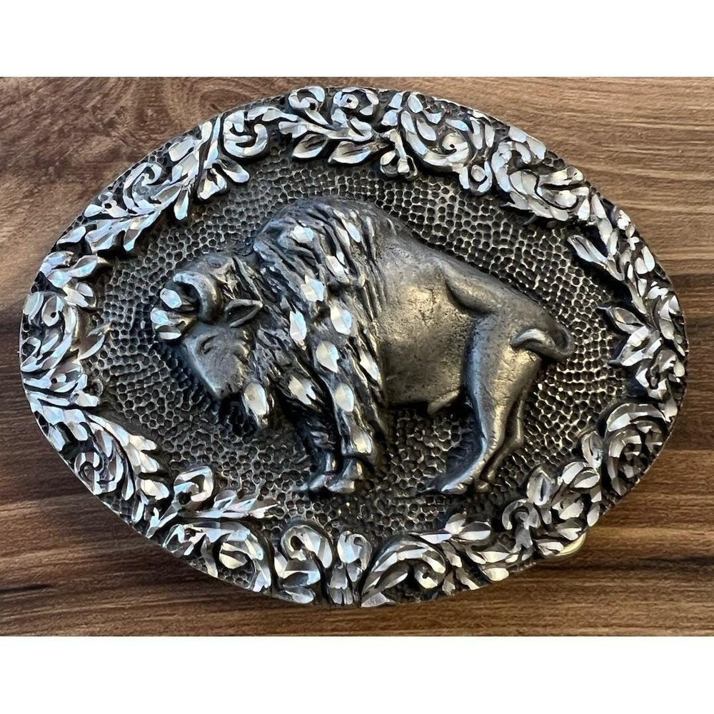 Vintage Western Ram Goat Belt Buckle Ornate Silver Tone Heavy Oval 1993 Rodeo